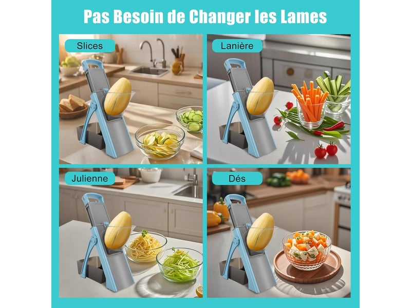  Mandoline cuisine manuelle, safety slicer coupe frites légume multifonction hachoir manuel épaisseur ajustable, bleu  - Conforama D