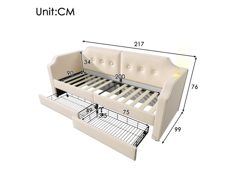  Modenvie lit de jour 90x200 cm - avec 2 tiroirs, usb-c et liseuse, sans matelas - beige  - Conforama C