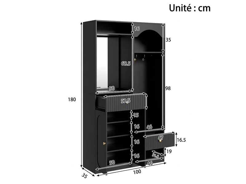  Vestiaire d'entrée avec miroir et banc à chaussures noir mdf led 100x35x180 cm  - Conforama E
