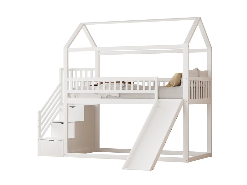 Lit mezzanine enfant avec toboggan et escalier de rangement, lit superposé 90x200 cm blanc en bois massif avec barrières de sécurité. - Conforama E
