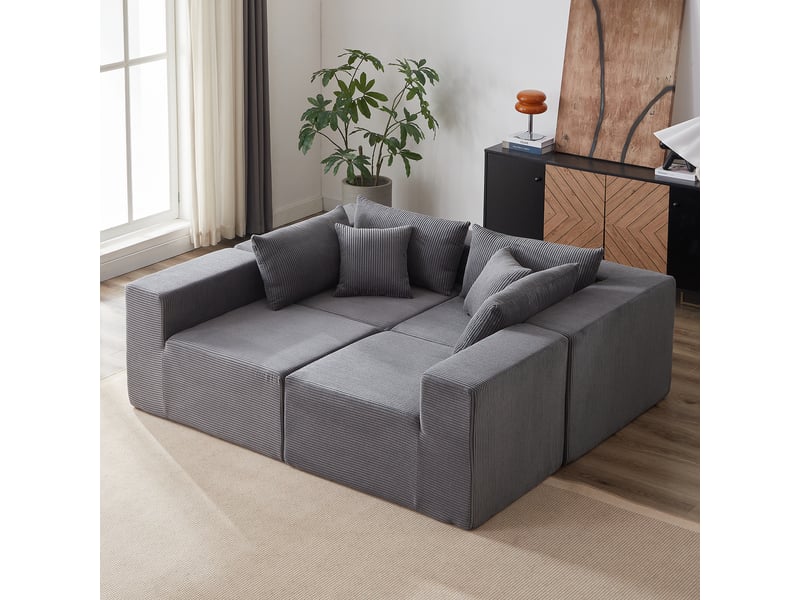  Canapé d’angle modulable 4 places en velours côtelé, assise basse sans montage, 264 × 167 × 71 cm, gris  - Conforama D