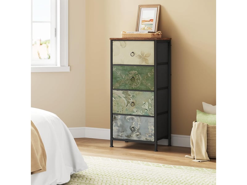 Commode à 4 tiroirs en tissu,meuble rangement,marron rustique+noir+motif fleur vintage,45x30x95cm - Conforama B