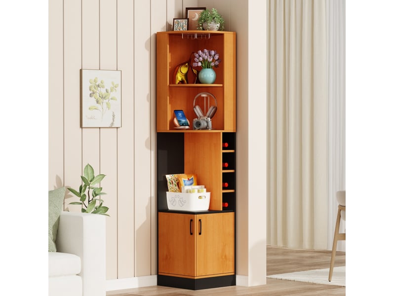  Meuble d'angle à vin modenvie 40 x 40 x 182 cm avec porte-verres, rangement ouvert et placard fermé, mdf naturel  - Conforama D