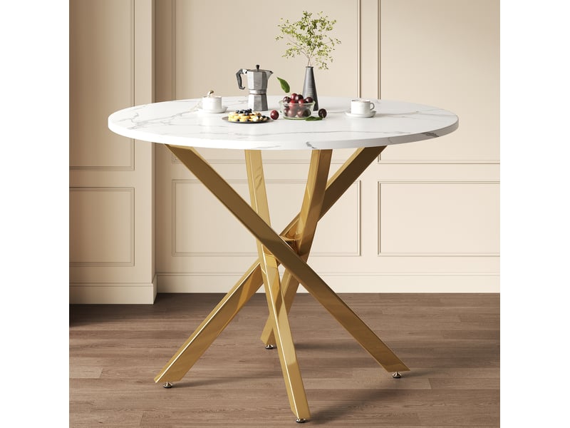  Table à manger ronde 80 x 80 x 75 cm, plateau effet marbre, blanc et doré  - Conforama E
