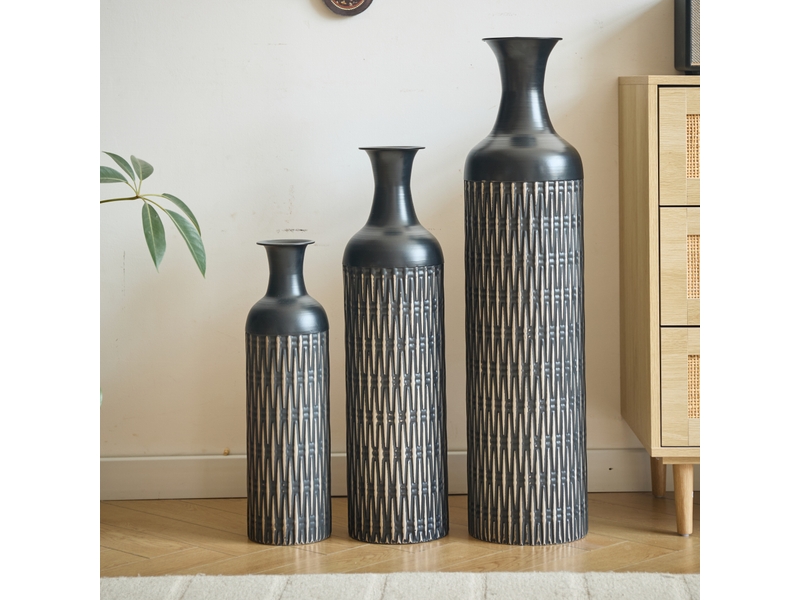 Lot de 3 vases de sol en métal noir, h 50,01, 65,99 et 83,01 cm, décor pour fleurs séchées et cache-pots - Conforama B