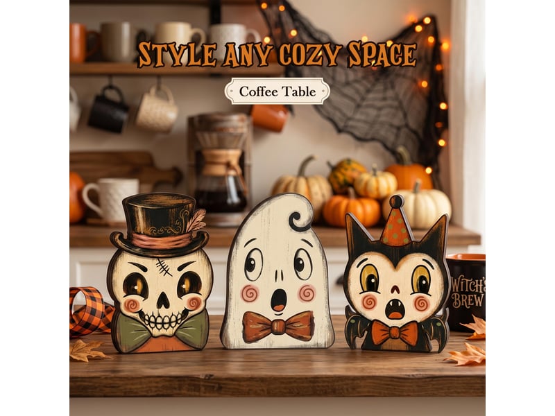 Décoration murale en bois halloween, panneau décoratif – fantôme, chauve-souris et squelette, pour intérieur - Conforama E