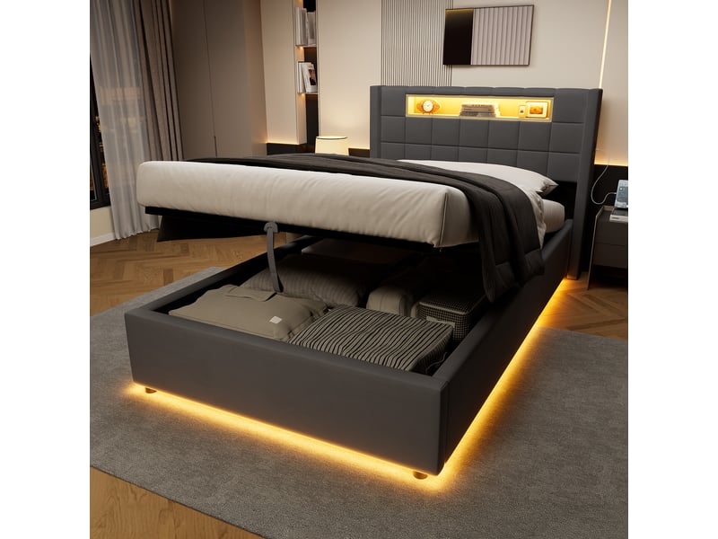  Lit coffre simple 90x200 cm, avec recharge, velours gris (sans matelas)  - Conforama W