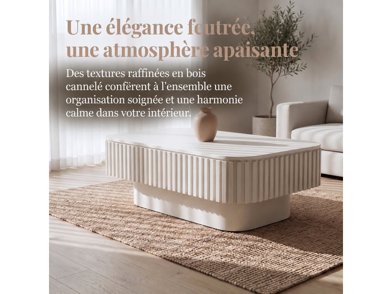  Table basse rectangulaire avec rangement caché muvano design cannelé vertical couleur crème 98 x 60 x 35 cm  - Conforama D