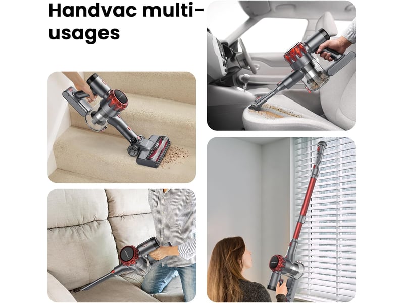  Aspirateur balai sans fil puissant 300w 40000pa 6 en 1 - filtre hepa brosse anti-emmêlement écran led - rouge et gris  - Conforama E