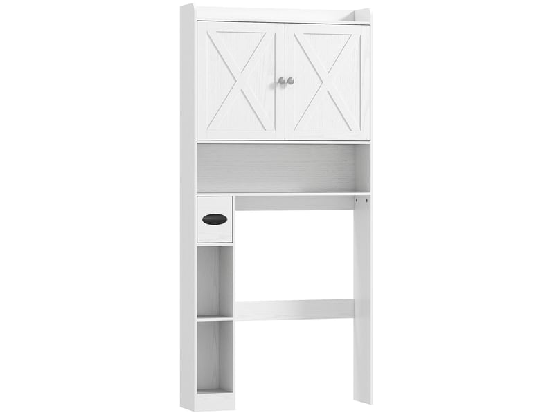 Meuble wc dessus de toilette avec placard à porte de grange, étagère réglable, compartiments et porte-papier, blanc - Conforama B
