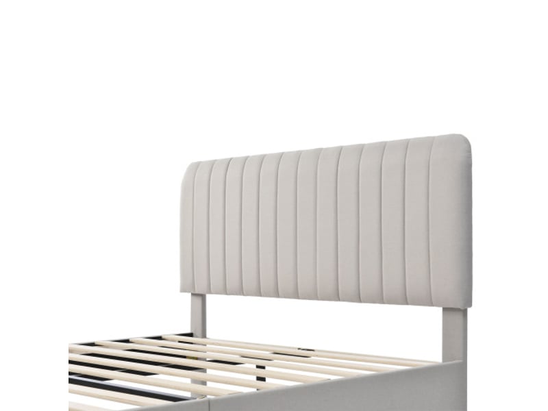  Lit double rembourré 160x200cm, avec sommier à lattes et tête de lit réglable, en lin, gris et beige, matelas inclus  - Conforama C