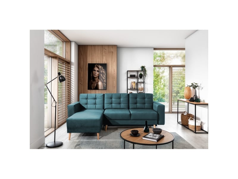  Canapé d'angle convertible hasgard 3 places vert foncé 248x162 cm – coffre et pieds bois  - Conforama D