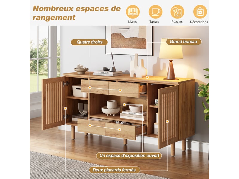  Buffet 140 × 35 × 71 cm en mdf avec 4 tiroirs et 2 portes à lattes couleur bois naturel chicfurn  - Conforama D
