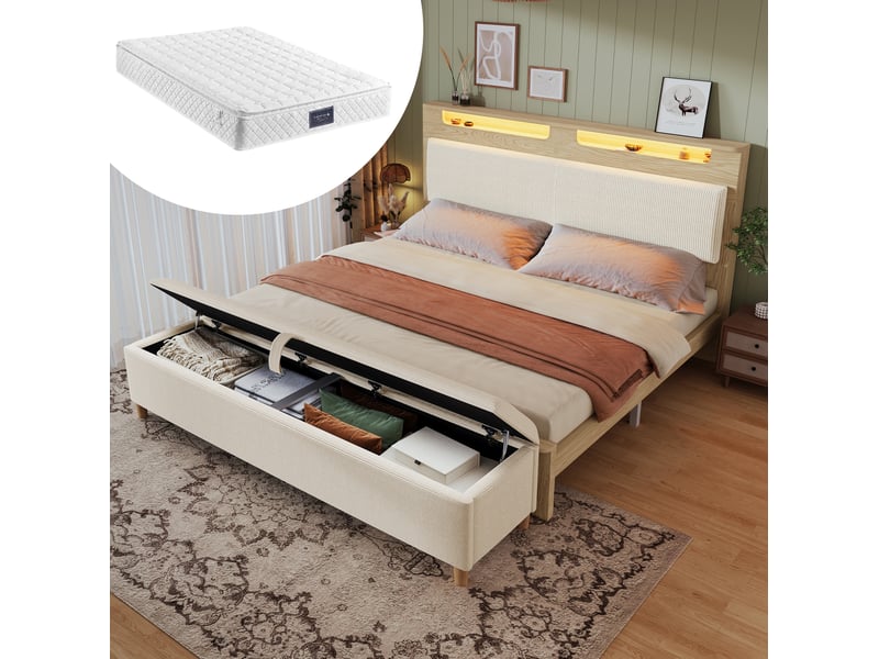  Lit double 160 × 200 cm avec rangement, led, banc de lit et matelas inclus, beige et chêne clair  - Conforama C