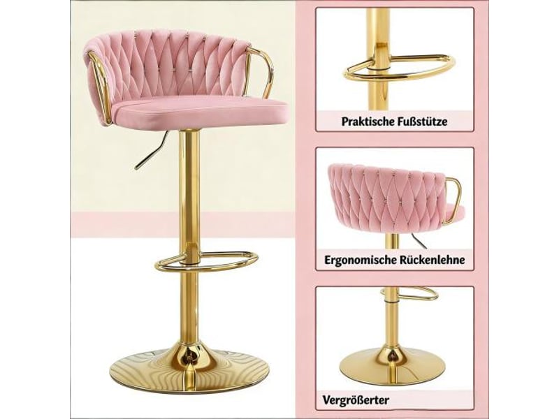  Lot de 2 tabourets de bar réglables,50.5x49.5x98 cm,pivotants,velours,rose  - Conforama E