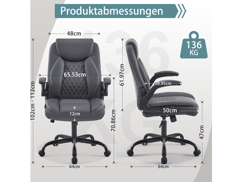  Fauteuil de bureau ergonomique grise en similicuir avec accoudoirs relevables  - Conforama C