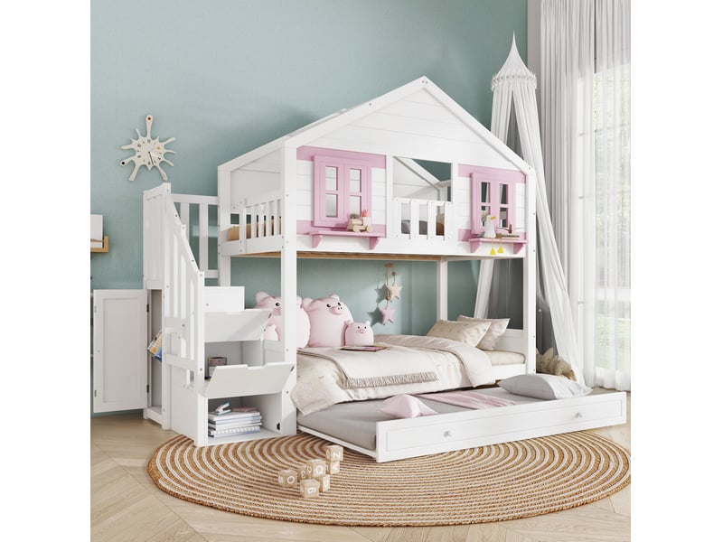  Lit superposé enfant 90x200 cm – blanc et rose – couchage gigogne et escalier de rangement - sans matelas  - Conforama B