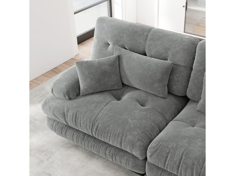  Canapé d'angle cloud en chenille beige clair, sofa salon avec 2 coussins lombaires, 2 coussins déco, 2 ottomans, larges accoudoirs  - Conforama D