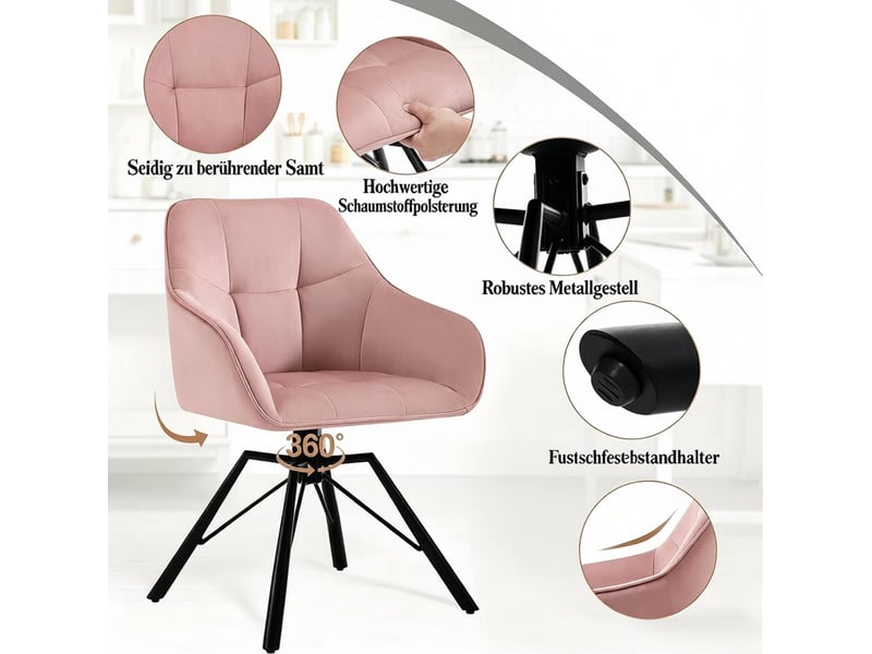  Chaise de salle à manger pivotante à 360° avec accoudoirs, lot de 2 en velours et métal rose  - Conforama E