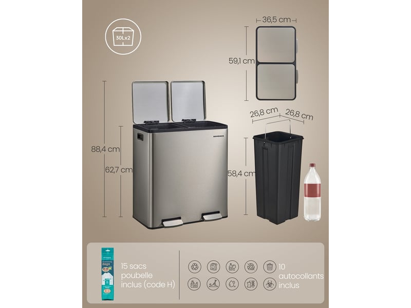  Poubelle de cuisine 59,1 x 36,5 x 62,7 cm système de tri sélectif 2 compartiments design moderne en acier inoxydable argent 12_0012976  - Conforama B