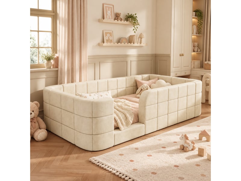  Lit enfant en chenille beige 90 × 200 cm avec cadre enveloppant Fay Lum - Conforama E