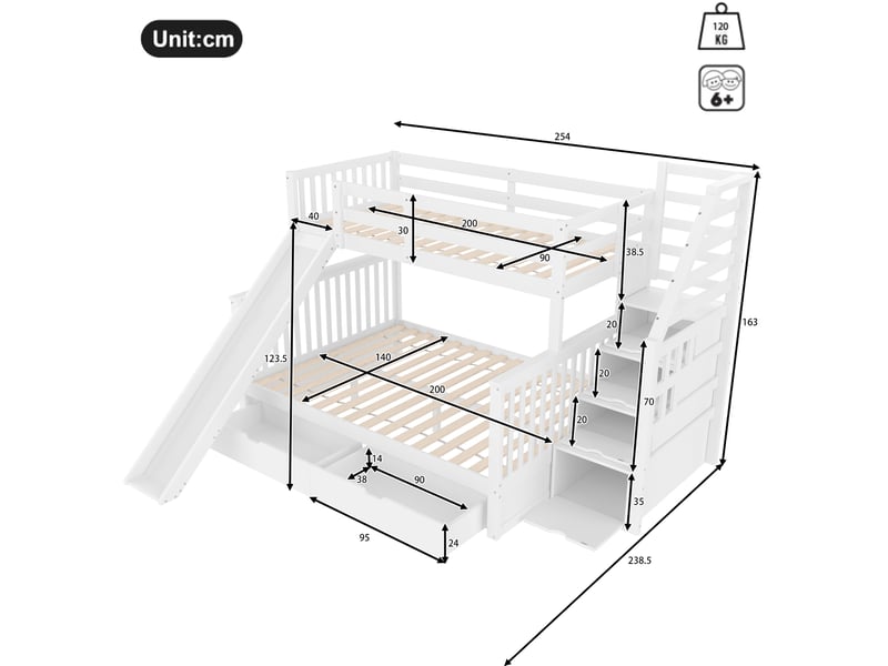  Modenvie lit superposé 90x200140x200 cm - avec toboggan, tiroirs et rangements - pour chambre d'enfant - blanc  - Conforama C