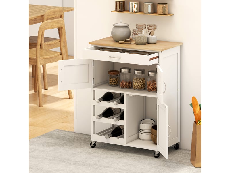 Desserte de cuisine multi rangements 2 placards tiroir casier 9 bouteilles mdf blanc plateau bois caoutchouc - Conforama W
