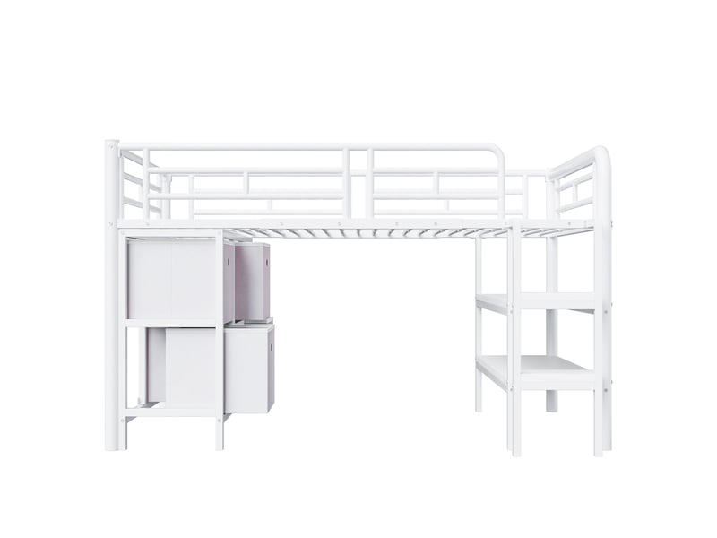 Lit mezzanine enfant métal blanc 90x200 cm, escalier large, tiroirs et étagères de rangement - Conforama A