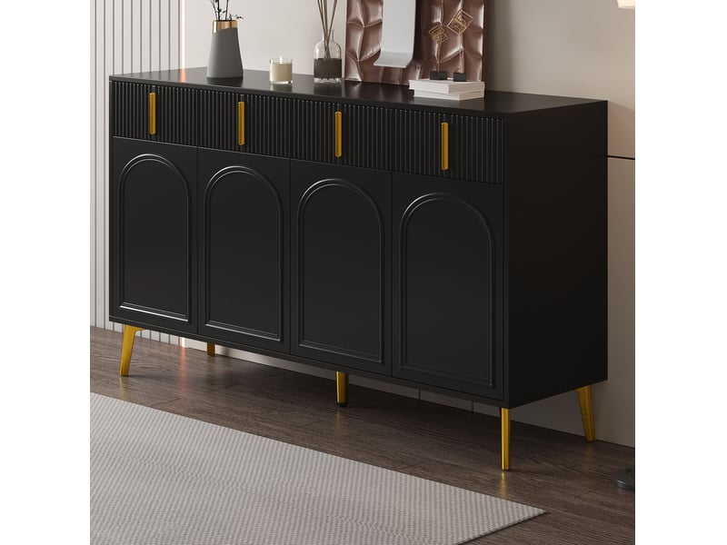 Buffet 4 portes et 4 tiroirs 140x38x82 cm en mdf noir à poignées dorées - Conforama B