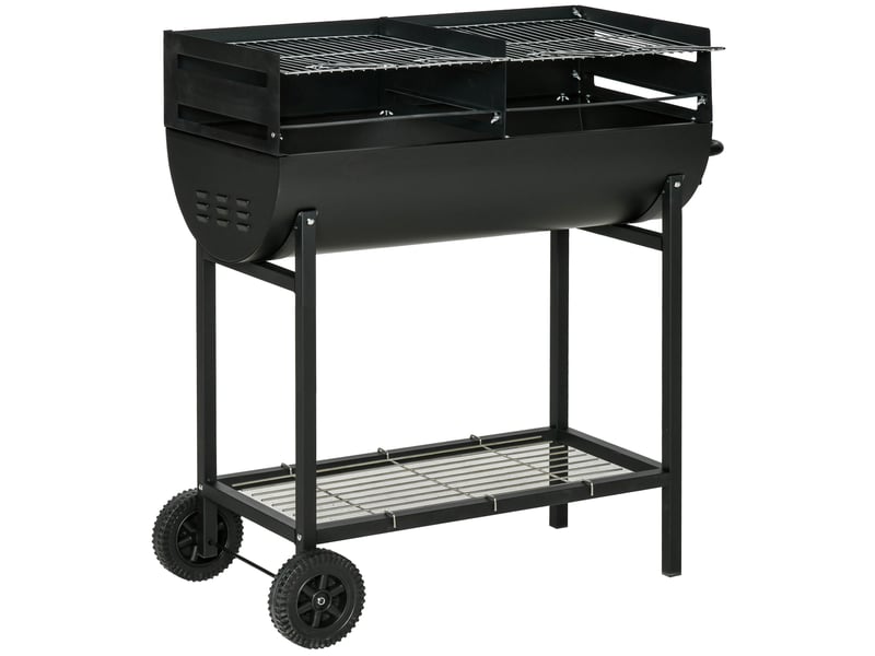  Barbecue en acier avec 2 grilles indépendantes, 2 roues et étagère inférieure | noir | 90 cm x 45 cm x 96 cm  - Conforama B