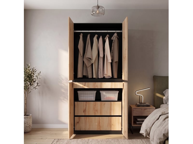  Armoire 4 portes en mdf et panneau de particules, 90 x 50 x 200 cm, bois clair et noir, avec penderie  - Conforama E
