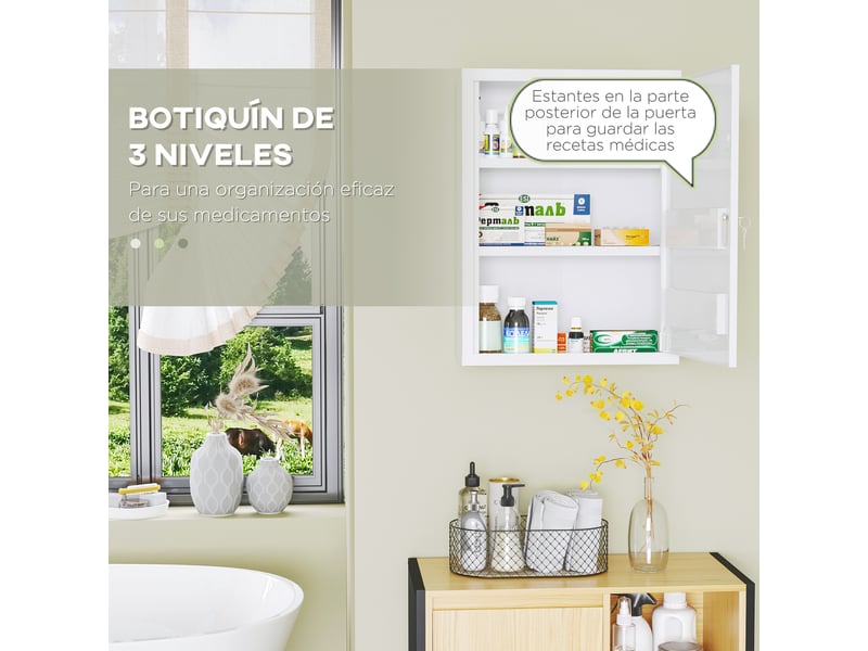  Armoire à pharmacie à 3 niveaux, armoire de premiers secours avec serrure et 2 clés pour cuisine et salle de bain, 40 x 15 x 53,5 cm, blanche  - Conforama E