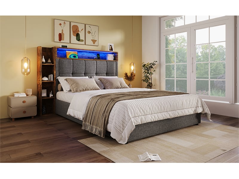  Lit coffre 90 × 200 cm, tête rembourrée avec rangements, led, ports usb et usb-c, revêtement en lin et mdf, gris  - Conforama B