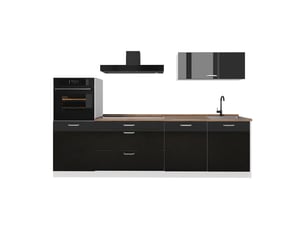 Vicco cuisine, noir haute brillanceblanc, 280cm plan de travail chêne doré