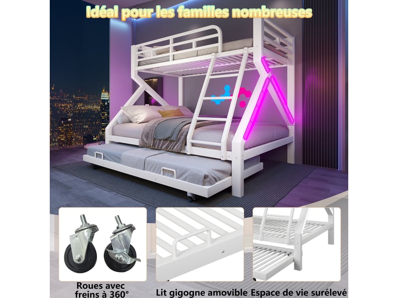 Lit superposé 90x200 et 140x200 cm avec lit gigogne, barrière et échelle, blanc - Conforama D