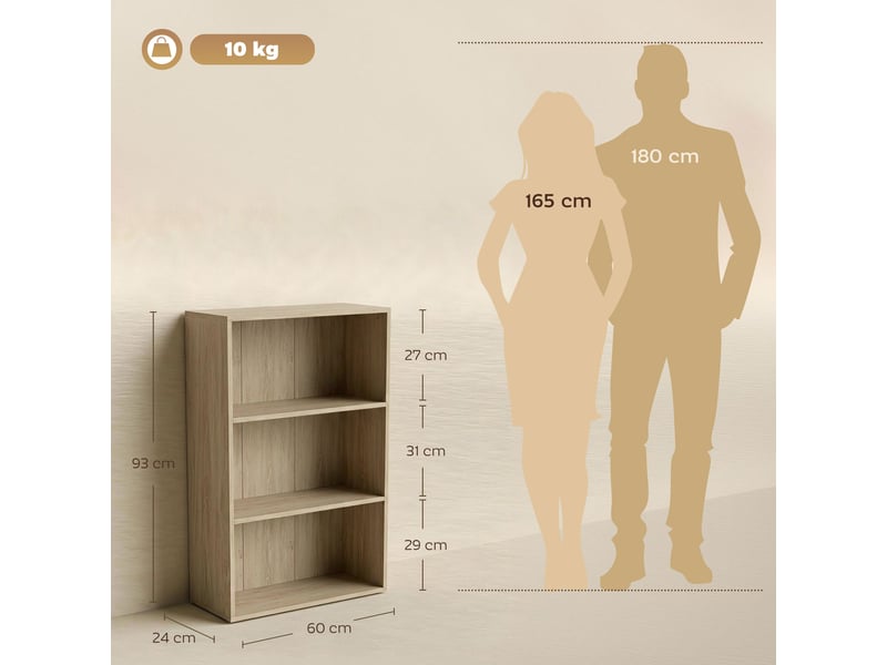  Bibliothèque étagère de rangement avec 3 compartiments et étagère réglable, 60 x 24 x 93 cm, bois naturel  - Conforama E