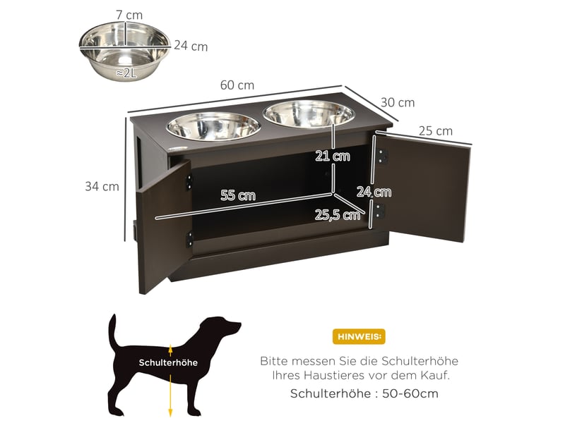  Station repas surélevée 60 x 30 x 34 cm – marron café – rangement intégré et 2 bols inox amovibles  - Conforama C