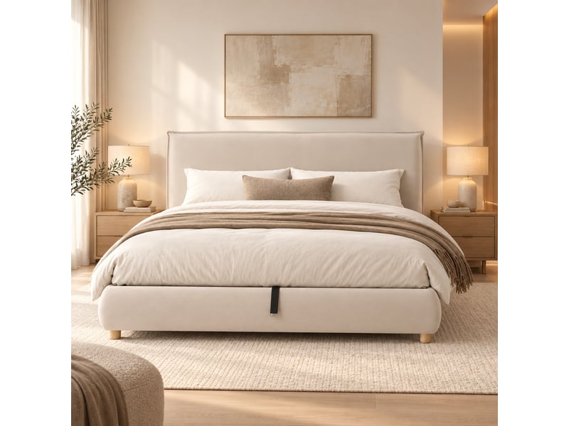 Lit double rembourré 180x200 cm avec rangement hydraulique, sommier à lattes, tête de lit capitonnée, pieds en bois massif, velours crème IKSETERA TRADING LTD - Conforama E