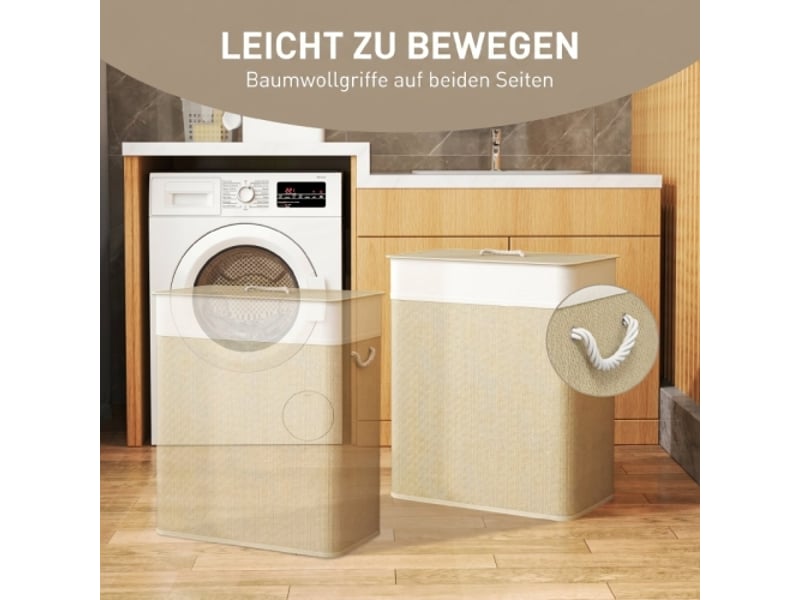  Panier à linge en bambou 100 l avec couvercle, 2 compartiments, poignées en corde et sac amovible  - Conforama C