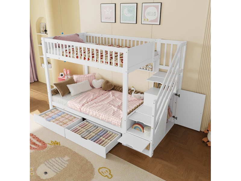  Lit superposé enfant 90 x 200 cm blanc avec rangements, armoire et étagères  - Conforama C