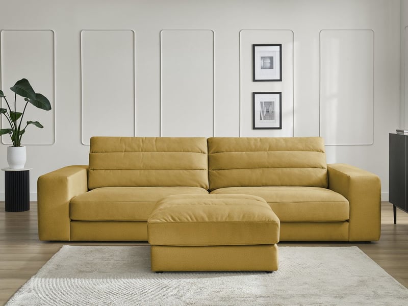  Bobochic canapé droit fixe 3 places sierra velours avec pouf jaune SIERRA - Conforama D