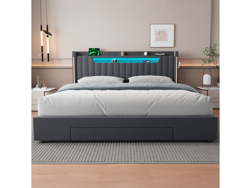  Lit coffre double 180x200 cm, éclairage led et tiroirs, velours gris (sans matelas)  - Conforama B