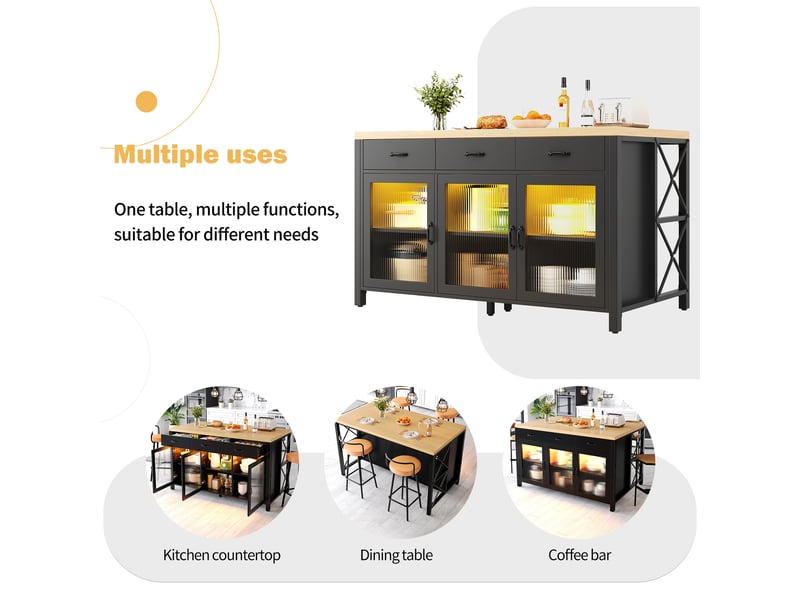  Îlot de cuisine,150x80x90 cm,avec 3 tiroirs, éclairage led,mdf et métal,noir  - Conforama D