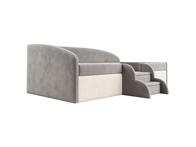  Lit enfant rembourré, 90x190 cm, espace nuit, marches, barrières de sécurité, matelas non inclus, velours, coloris gris  - Conforama E