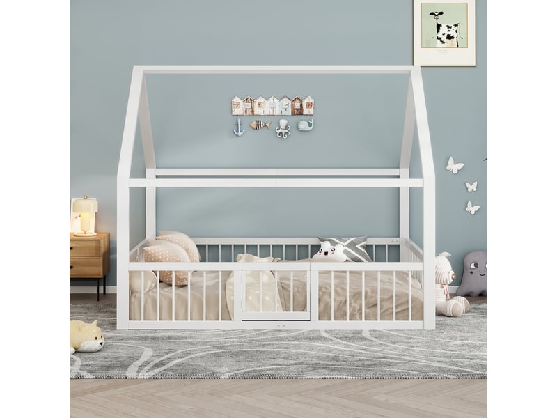  Lit cabane 140x200 cm lit enfant avec barrières de sécurité, sommier à lattes, métal blanc CozyNest - Conforama B