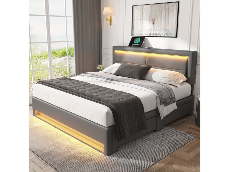  Lit avec rangement 140x190 cm , lit rembourré avec 4 tiroirs, led et usb, tête de lit en pu, sommier à lattes - gris (sans matelas)  - Conforama C