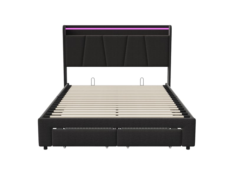  Lit coffre 2 places 160x200 cm avec rangement, lit adulte double, 2 tiroirs, led, port usb, tissu lin gris foncé  - Conforama W