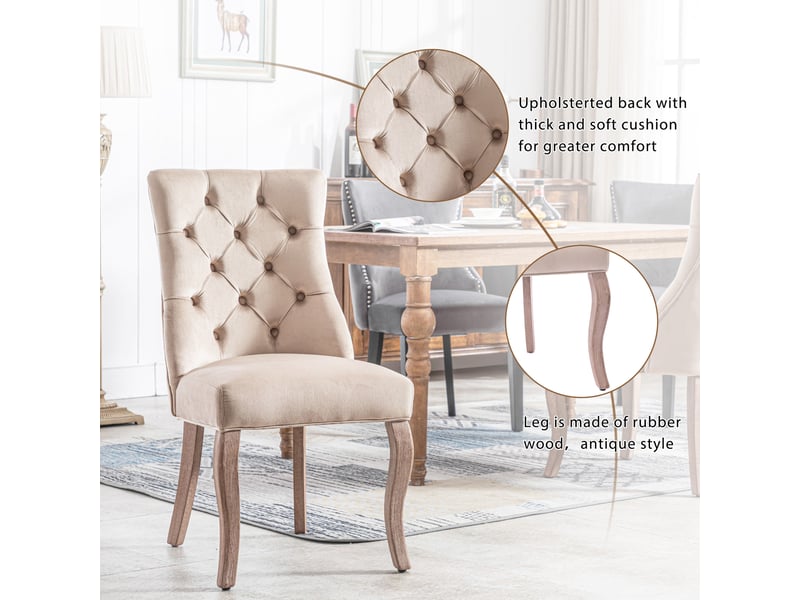 Lot de 6 chaises en velours beige avec dossier haut capitonné et pieds en bois massif  - Conforama C