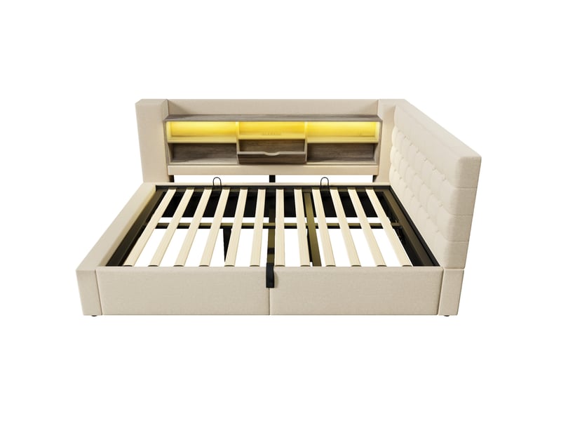  Lit 140x190 cm avec coffre hydraulique, tête en l réversible, rangements et led intégrés, lin beige, sans matelas  - Conforama D