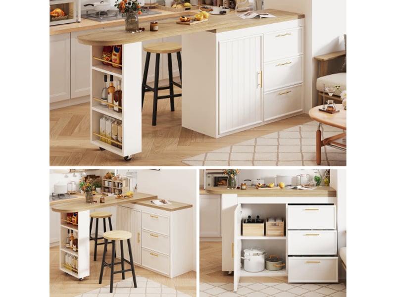  Bahut de cuisine pivotante à 360°, étagères réglables et système anti-basculement, 3 tiroirs et rangement latéral  - Conforama B